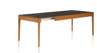 Table extensible 8 à 12 personnes en chêne et céramique allonges céramique avec bois teinte merisier et plateau et allonges céramique effet marbre noir 180x100 cm