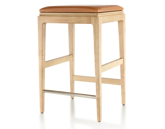H60 cm designer bar stool natural tint wood, caramel leather seat