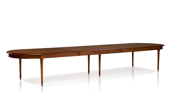 Louis XVI round extending table for 6 to 18 people wood in antique stain and beige fabric 110x120cm