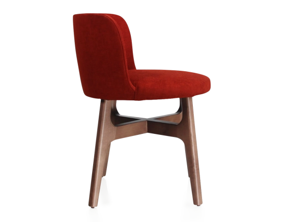 Designer chair wood stained walnut seat burnt orange fabric