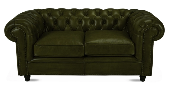 2 seater Chesterfield leather sofa olive green studded armrests