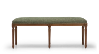 Banquette ancienne style Louis XVI bois teinte ancienne et tissu chiné vert Banquette ancienne style Louis XVI bois teinte ancienne et tissu chiné vert