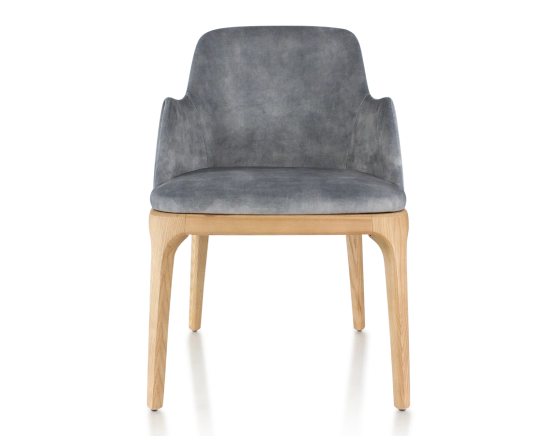 Designer chair with armrests natural stained wood and grey velvet fabric
