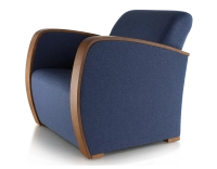 Fauteuil design bois teinte merisier et tissu bleu marine Fauteuil design bois teinte merisier et tissu bleu marine