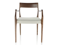 Chaise scandivave avec accoudoirs bois teinte marron foncé assise tissu beige naturel