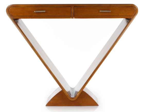 Console art déco double tiroirs bois teinte merisier