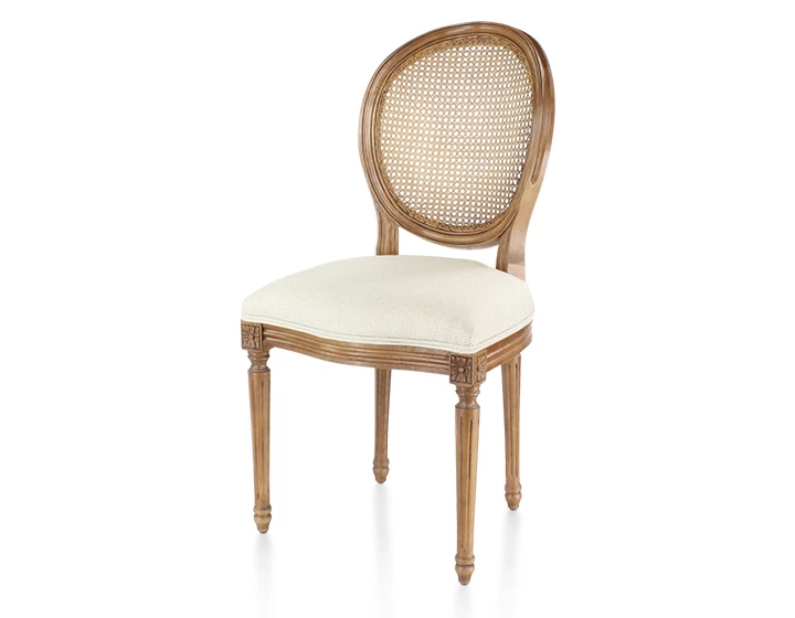 Chaise ancienne style Louis XVI bois teinte ancienne dossier canné assise tissu chevron beige