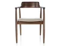 Chaise scandinave bois teinte marron foncé assise tissu chevron beige Chaise scandinave bois teinte marron foncé assise tissu chevron beige