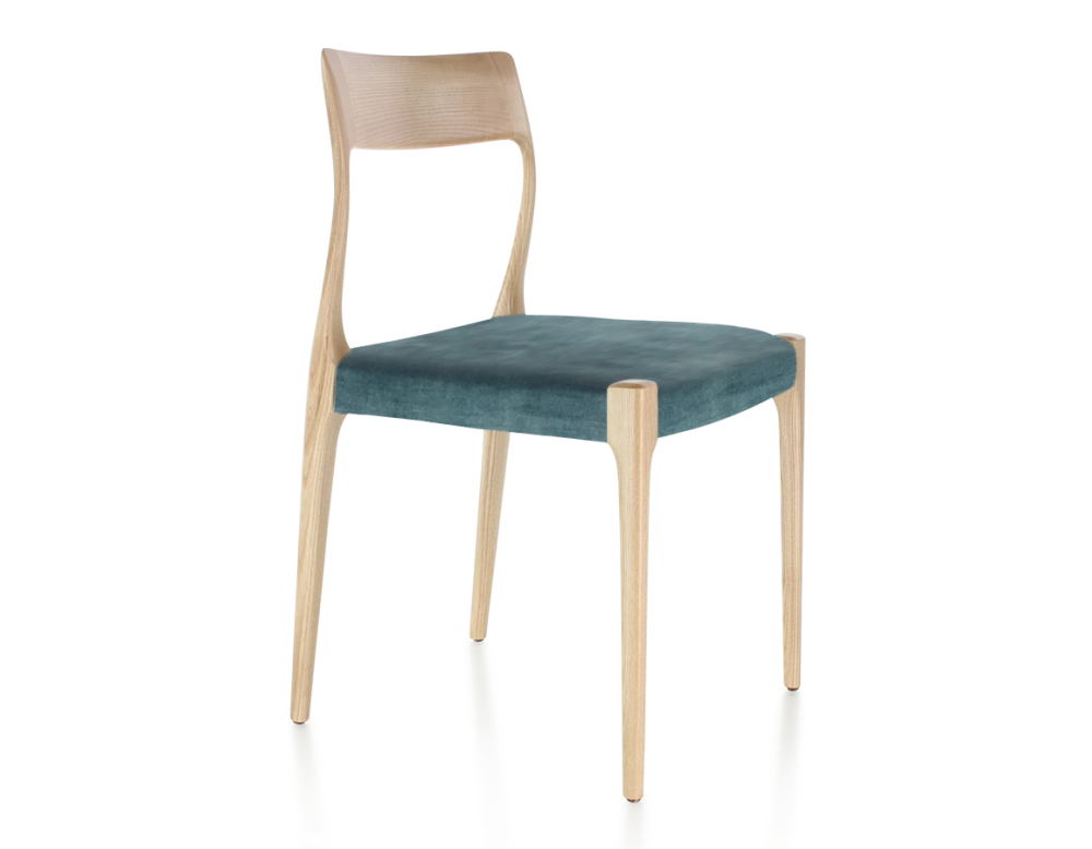 Scandinavian chair natural stained wood, petrol blue velvet seat Scandinavian chair natural stained wood, petrol blue velvet seat