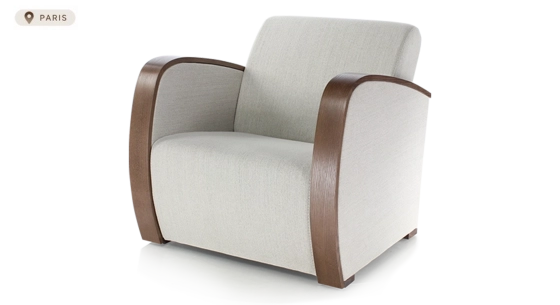 Fauteuil design bois teinte marron foncé et tissu beige naturel