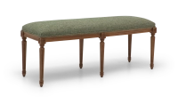 Banquette ancienne style Louis XVI bois teinte ancienne et tissu chiné vert Banquette ancienne style Louis XVI bois teinte ancienne et tissu chiné vert