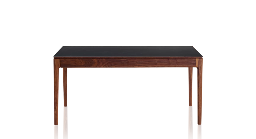 Table extensible en noyer et céramique allonges bois avec bois teinte naturelle et plateau céramique noir unie 140x90 cm