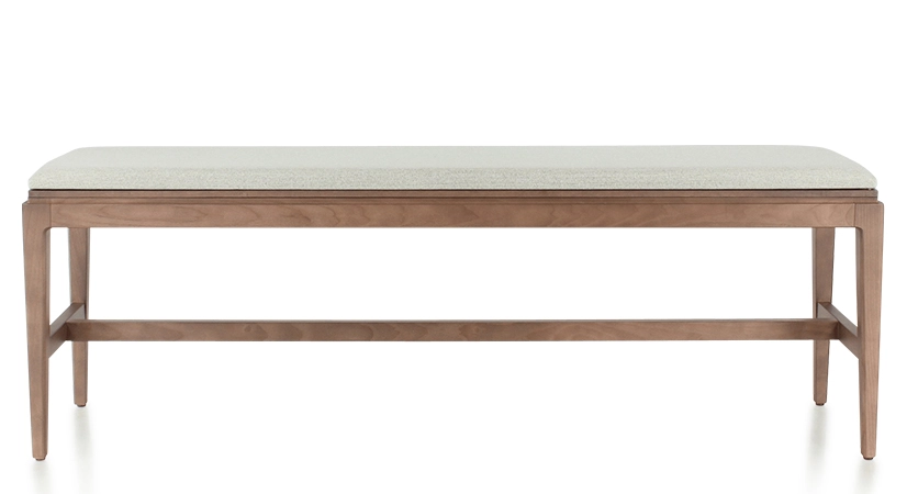 Banc design bois teinte noyer assise tissu beige naturel L120 cm Banc design bois teinte noyer assise tissu beige naturel L120 cm