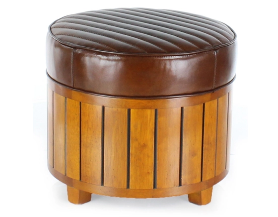 Pouf rond bois et cuir marron vintage