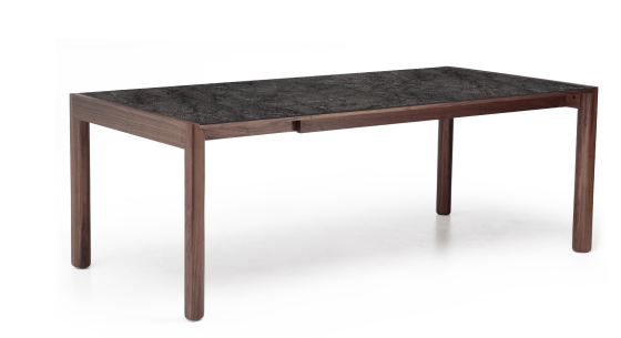 Table extensible 8 à 12 personnes en noyer et céramique allonges céramique bois teinte naturelle et céramique effet marbre gris 160x100 cm