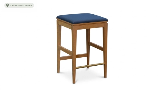 Tabouret de bar design H65 cm bois teinte naturelle assise tissu bleu