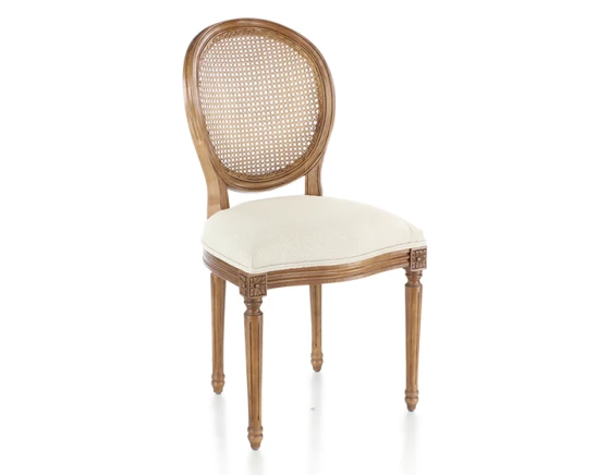Chaise ancienne style Louis XVI bois teinte ancienne dossier canné assise tissu chevron beige