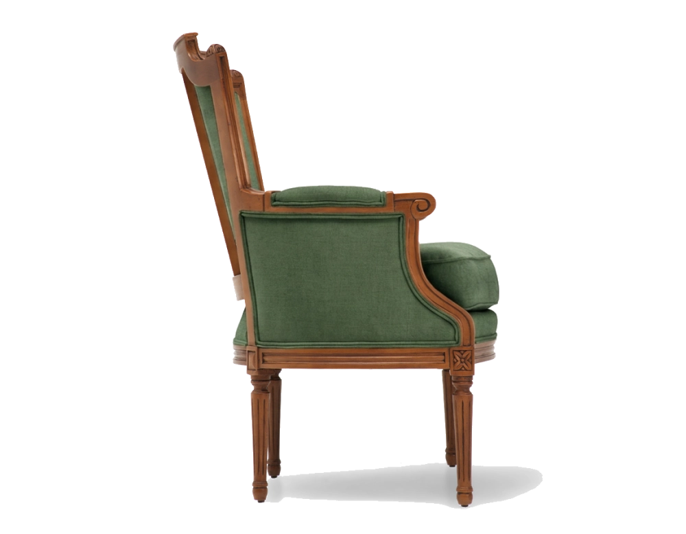 Fauteuil bergère style Louis XVI bois teinte ancienne et tissu vert foncé