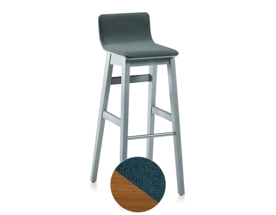 Tabouret de bar en chêne H80 cm bois teinte merisier assise tissu bleu océan