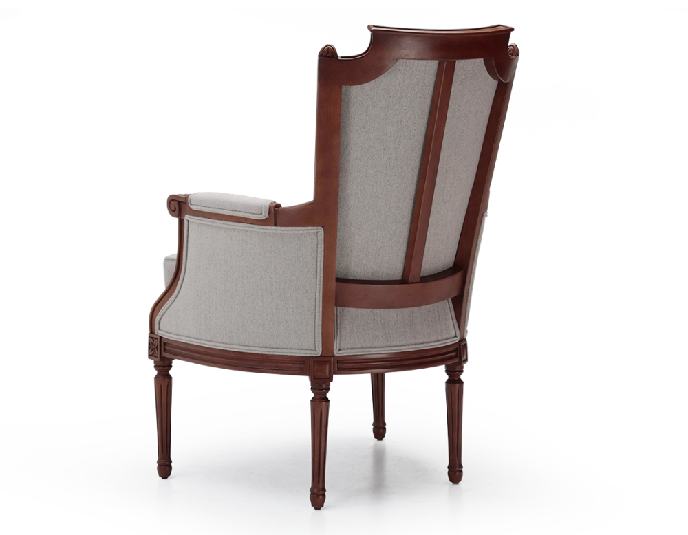Louis XVI style bergère armchair wood antique stain and natural beige fabric Louis XVI style bergère armchair wood antique stain and natural beige fabric