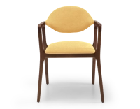 Designer armchair dark brown stained wood and yellow fabric Designer armchair dark brown stained wood and yellow fabric