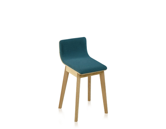 Upholstered oak stool H45 cm natural stained wood, ocean blue fabric seat