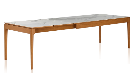 Table extensible 8 à 14 personnes en chêne et céramique allonges céramique avec bois teinte merisier et plateau et allonges céramique effet marbre blanc 210x100 cm