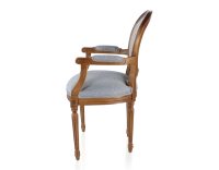 Antique Louis XVI style armchair with armrests aged wood stain and blue chevron fabric Antique Louis XVI style armchair with armrests aged wood stain and blue chevron fabric