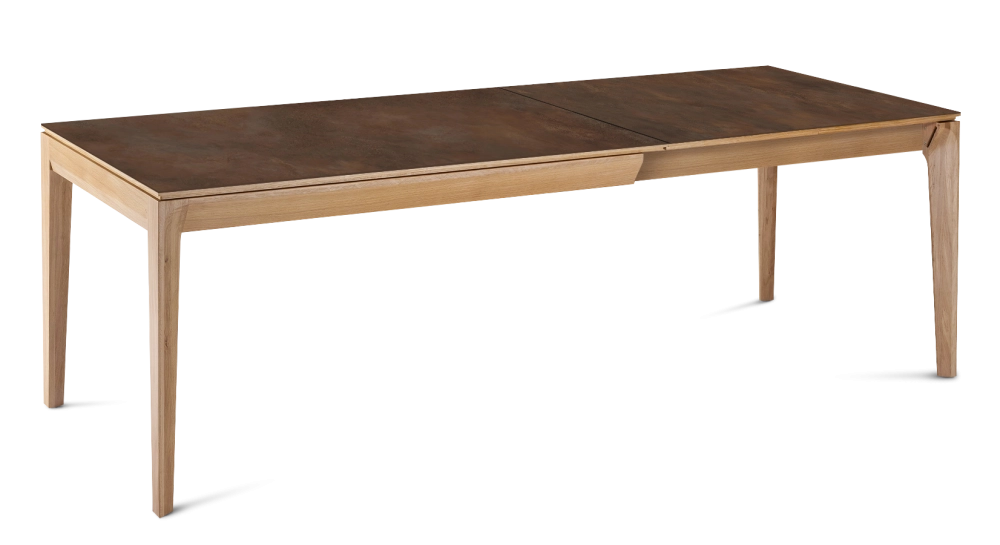 Table extensible 8 à 12 personnes en chêne et céramique allonges céramique avec bois teinte naturelle et plateau et allonges céramique brun oxydé 180x100 cm