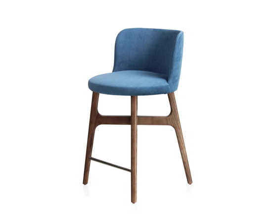 Tabouret de bar h60 cm bois teinte marron foncé assise tissu bleu jean