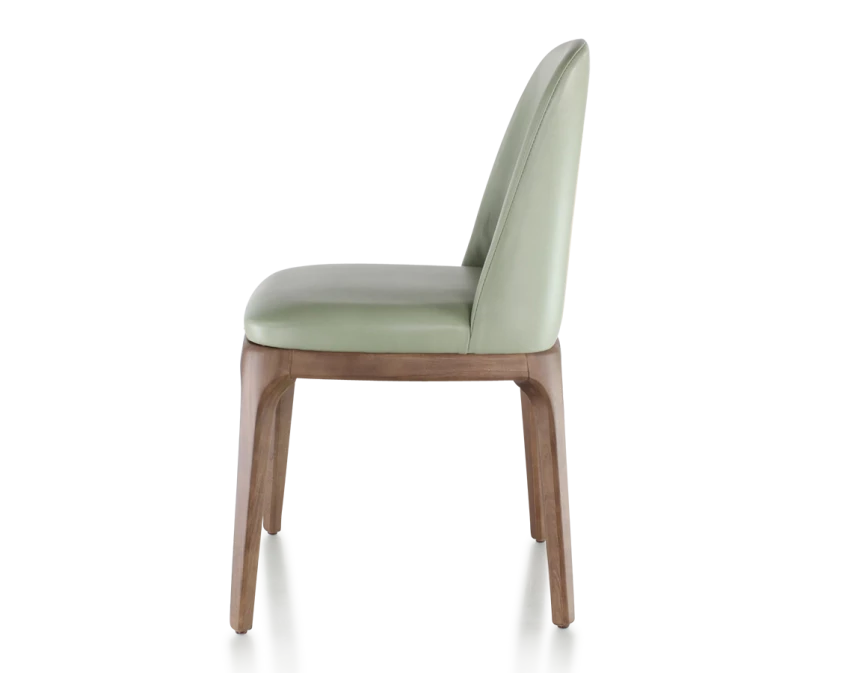 Chaise design bois teinte marron foncé et cuir vert sauge