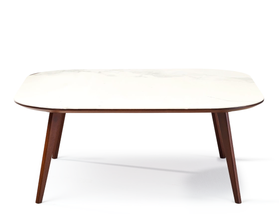 Square coffee table with rounded corners F2 in oak and ceramic dark brown stained wood with a white marble-effect ceramic top m1. 110x110x30 cm