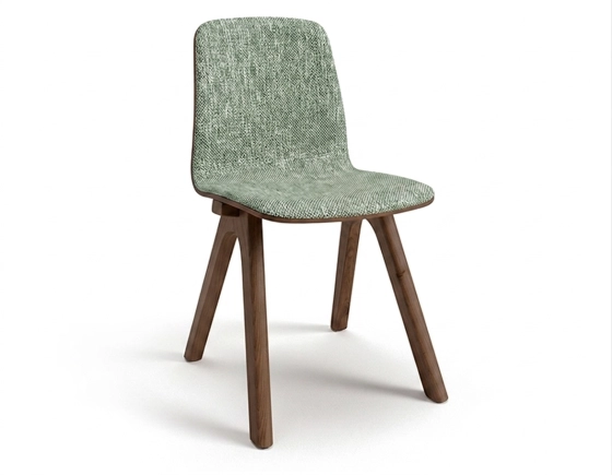 Chaise design en chêne tapissé bois teinte marron foncé assise tissu chiné vert