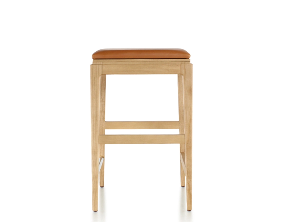H60 cm designer bar stool natural tint wood, caramel leather seat