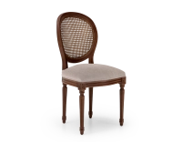 Louis XVI style antique chair dark brown stained wood with cane backrest and taupe fabric seat. Louis XVI style antique chair dark brown stained wood with cane backrest and taupe fabric seat.