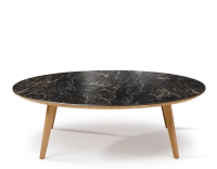 Table basse ronde F1 en chêne et céramique bois teinte naturelle plateau céramique effet marbre noir 90x90x40 cm