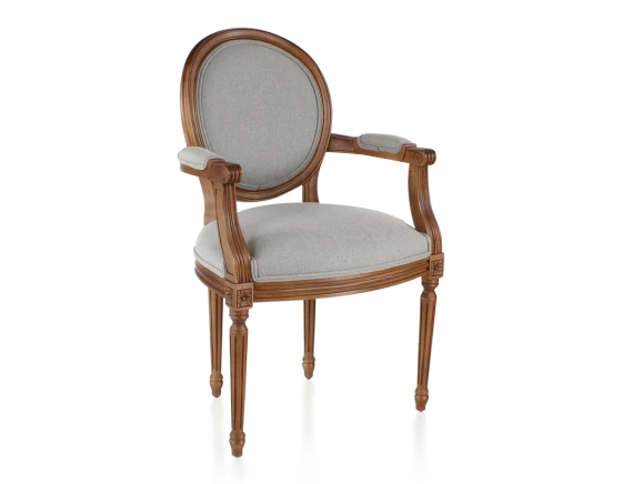 Chaise ancienne avec accoudoirs style Louis XVI tissu gris clair