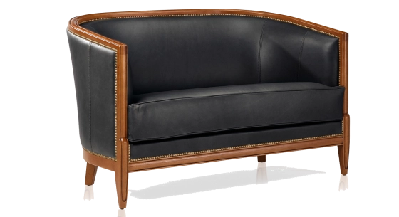 Canapé ancien 2 places accoudoirs moulurés bois teinte ancienne et cuir noir