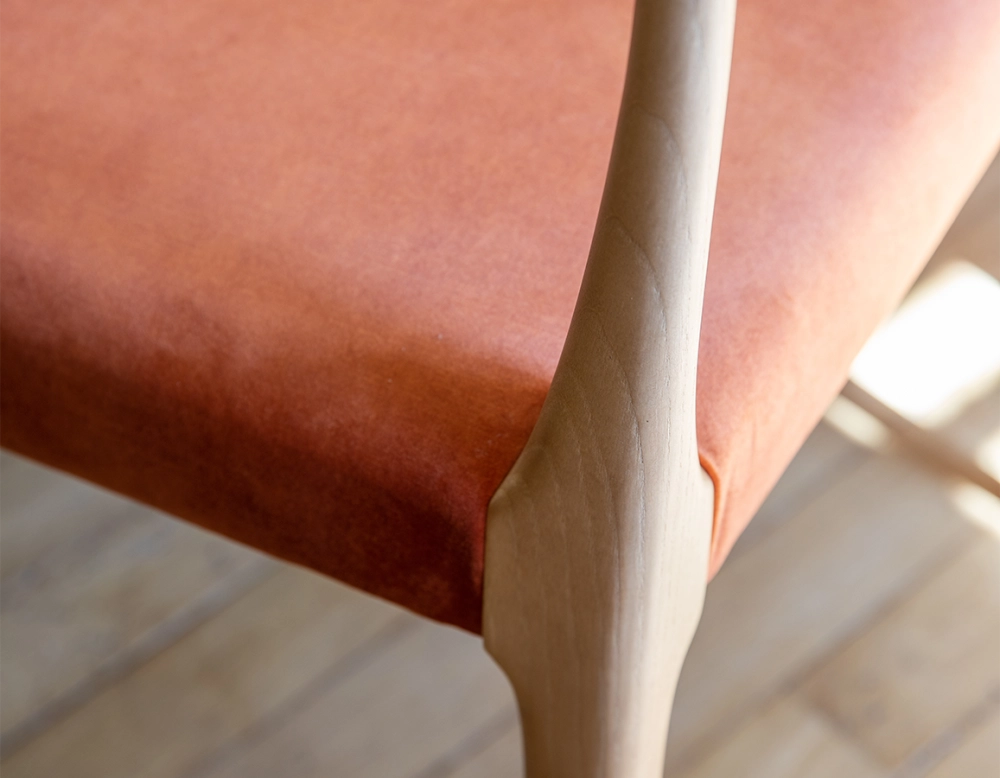 Scandinavian chair natural wood stain, terracotta velvet fabric seat Scandinavian chair natural wood stain, terracotta velvet fabric seat