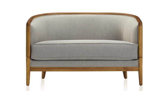 Canapé ancien 2 places bois teinte meriser et tissu gris clair