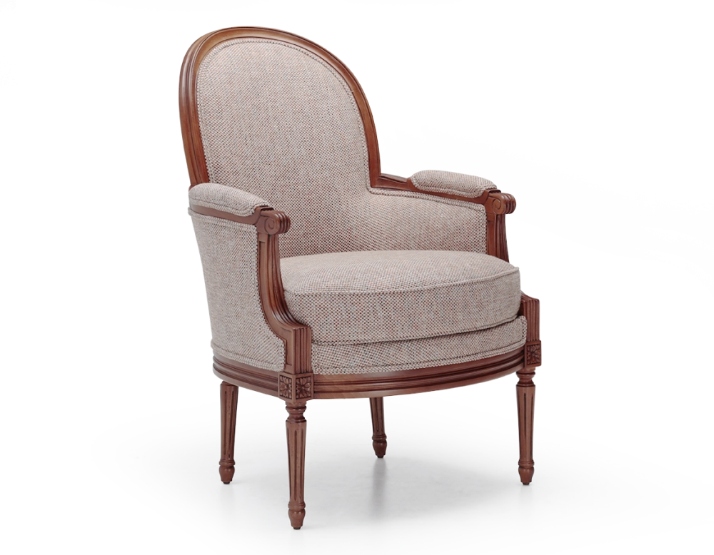 Fauteuil bergère mouluré style Louis XVI bois teinte ancienne et tissu orange Fauteuil bergère mouluré style Louis XVI bois teinte ancienne et tissu orange