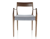 Chaise scandinave avec accoudoirs bois teinte marron foncé assise tissu chevron bleu Chaise scandinave avec accoudoirs bois teinte marron foncé assise tissu chevron bleu