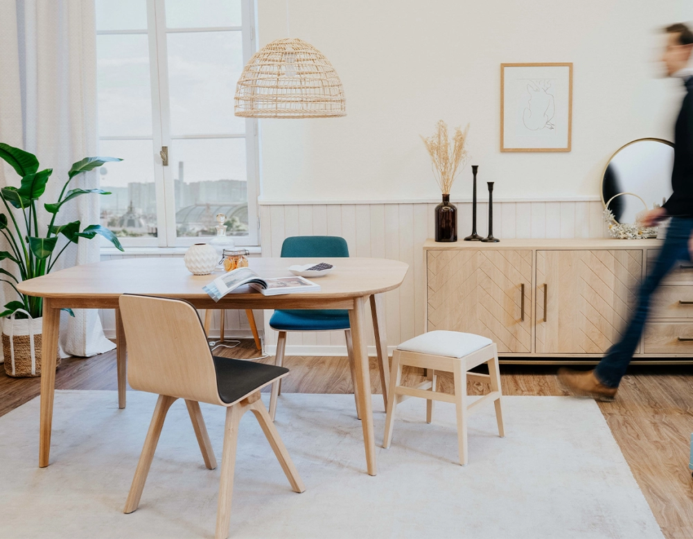 Upholstered oak designer chair natural tint wood, navy blue fabric seat Upholstered oak designer chair natural tint wood, navy blue fabric seat