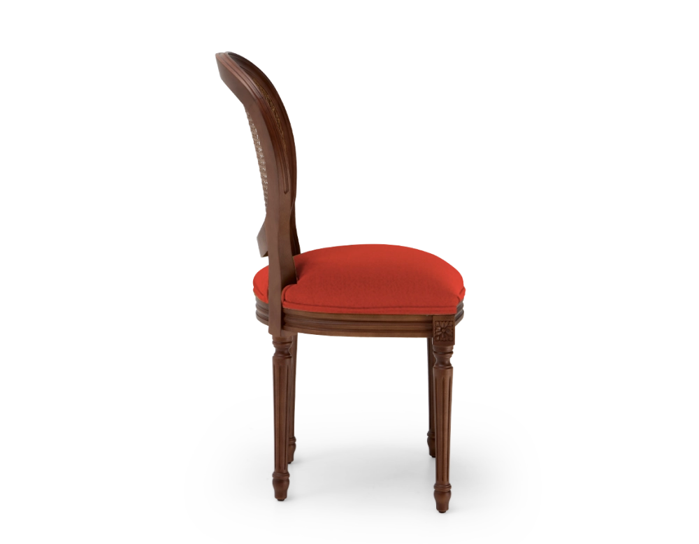 Louis XVI style antique chair dark brown stained wood with cane backrest and burnt orange fabric seat. Louis XVI style antique chair dark brown stained wood with cane backrest and burnt orange fabric seat.
