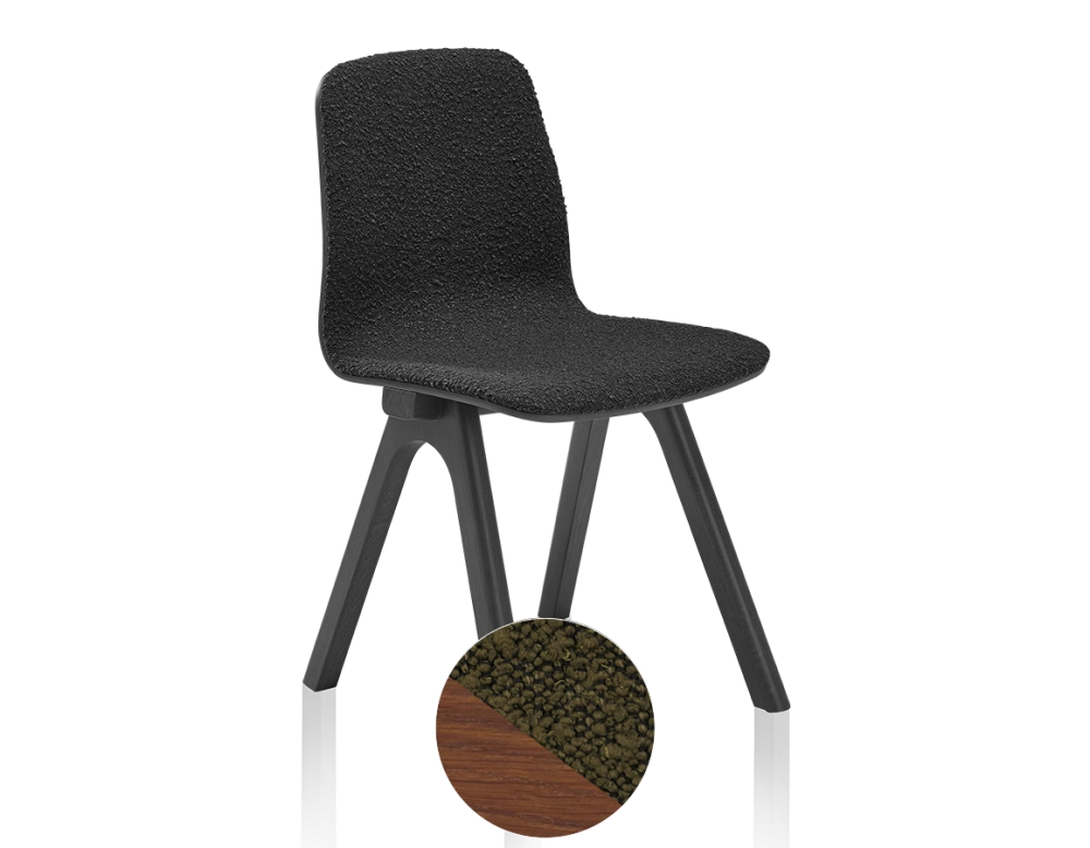 Upholstered oak designer chair walnut-stained wood, green looped fabric seat Upholstered oak designer chair walnut-stained wood, green looped fabric seat