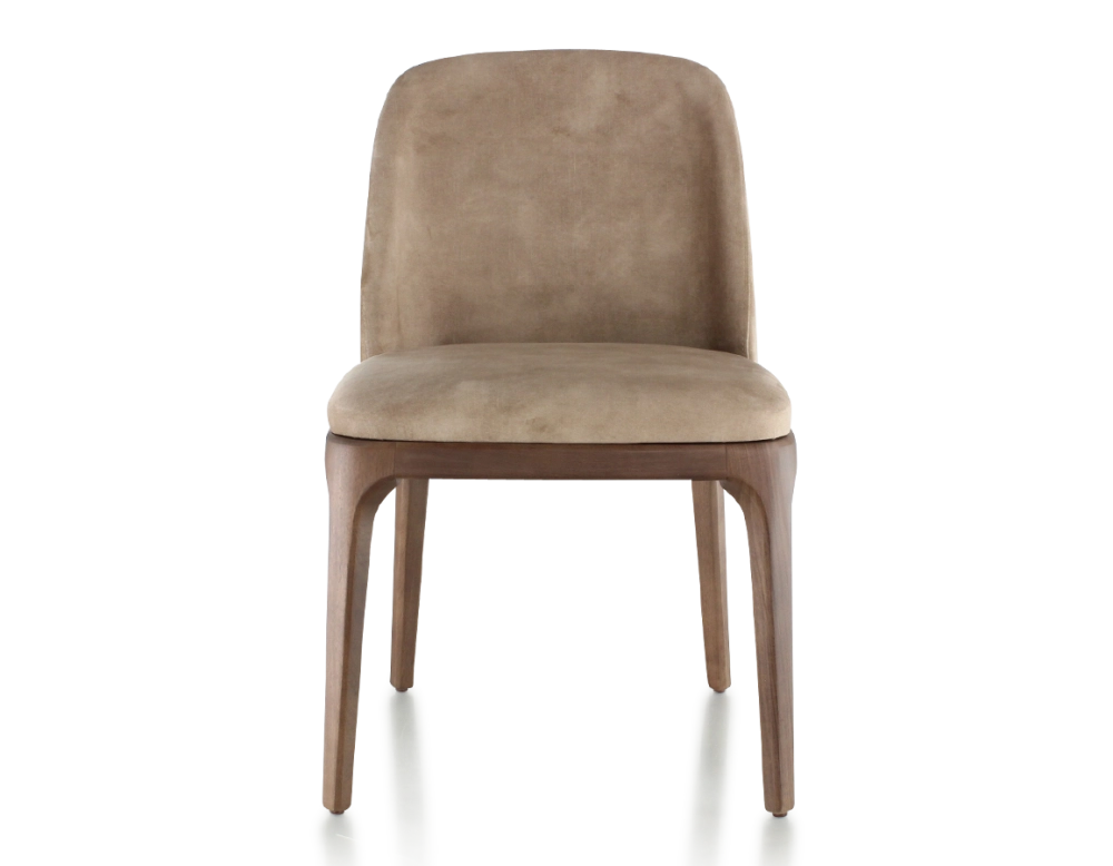 Designer chair dark brown stained wood and light taupe velvet fabric Designer chair dark brown stained wood and light taupe velvet fabric