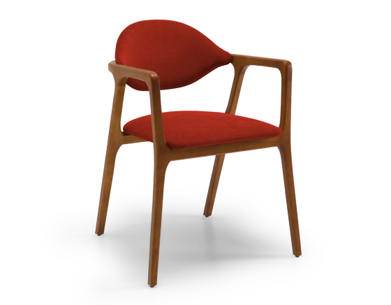Chaise design avec accoudoirs bois teinte merisier et tissu orange brulé