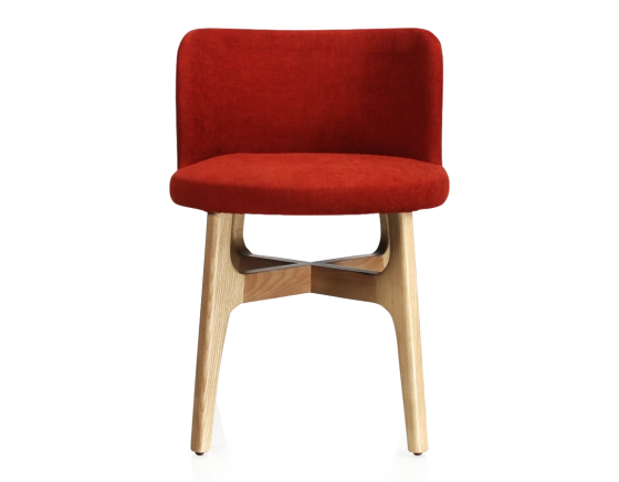 Chaise design bois teinte naturelle assise tissu orange brulé