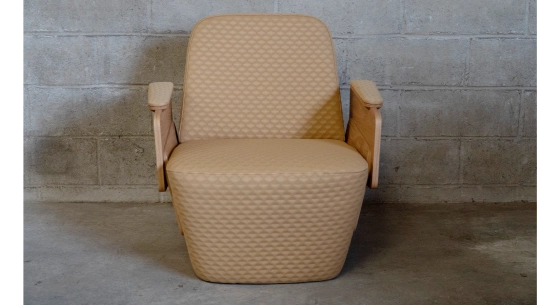 Armchair with armrests design natural walnut frame with anthracite grey fabric seat.