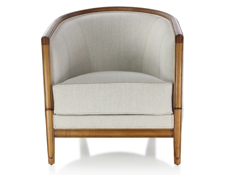 Antique armchair with moulded armrests wood stained antique and natural beige fabric Antique armchair with moulded armrests wood stained antique and natural beige fabric